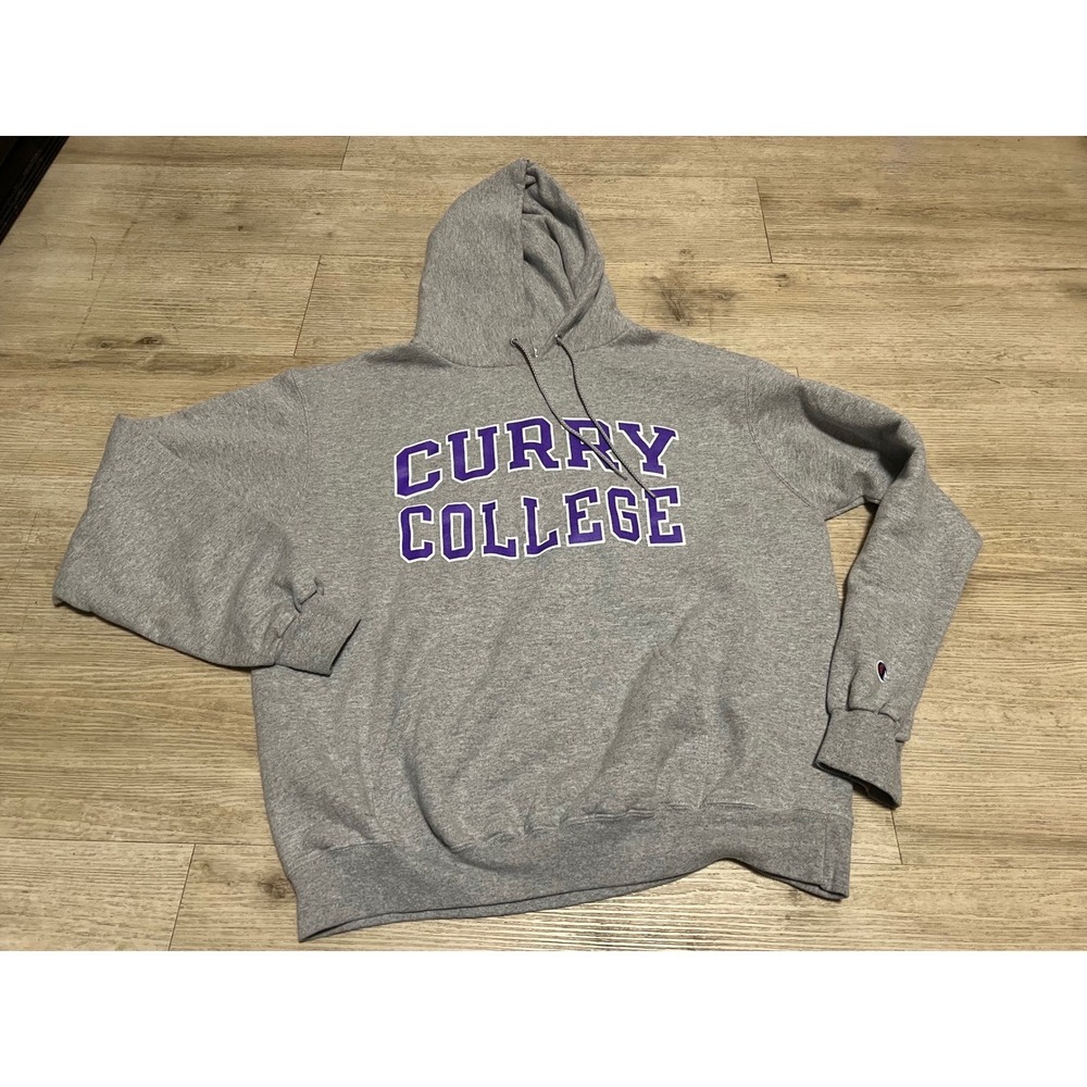 Champion Curry College Hoodie Mens Large Gray Purple Pullover Sweatshirt Boston